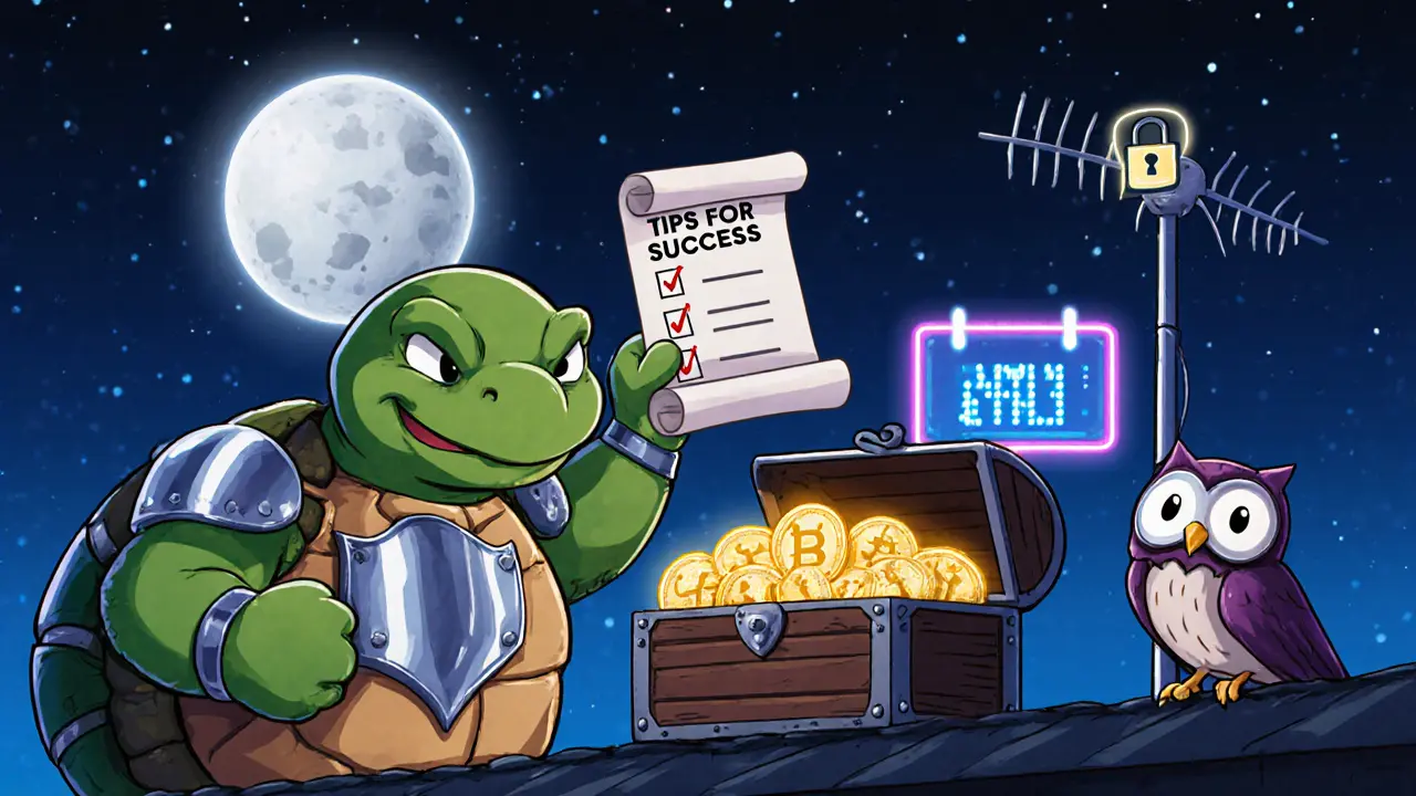 Turtle in hardware wallet armor holding NFT treasure chest under a moonlit sky.