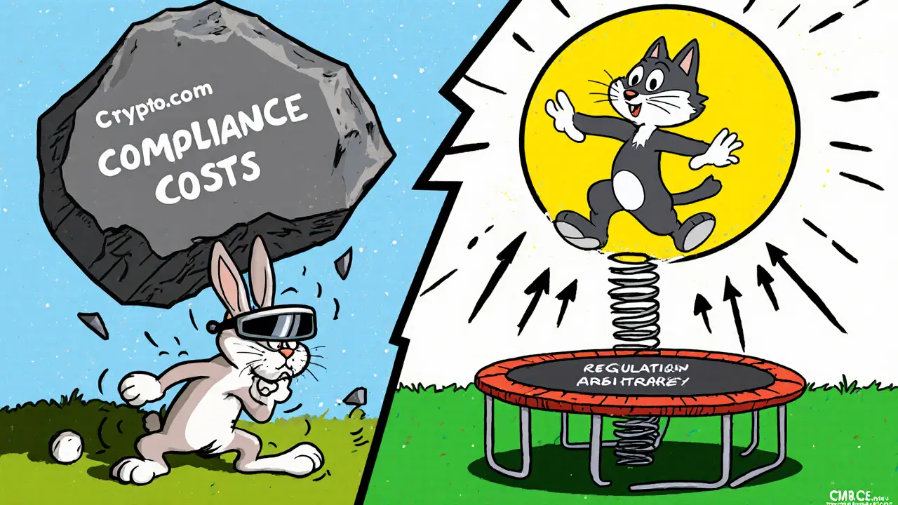 Two exchange mascots: one crushed by compliance rock, the other bouncing toward volume rebound.