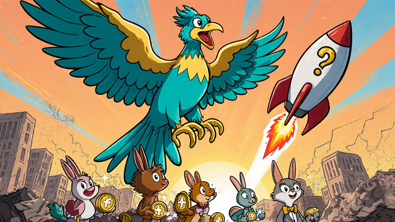 Cartoon phoenix rises from ashes over a city, with eager investors watching, hinting at a reboot.