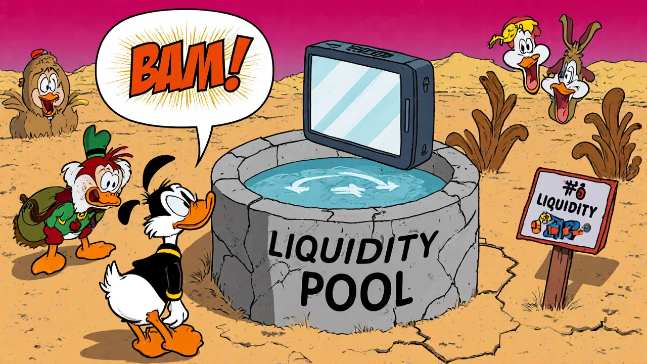 Cartoon trader faces an empty liquidity pool and a failed swap, with humorous frustrated characters.