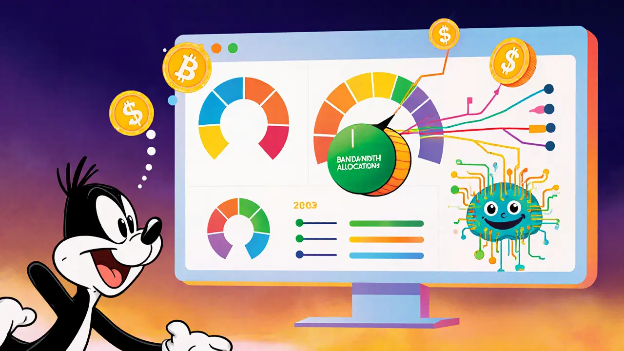 Cartoon dashboard showing bandwidth slider sending data to an AI brain.