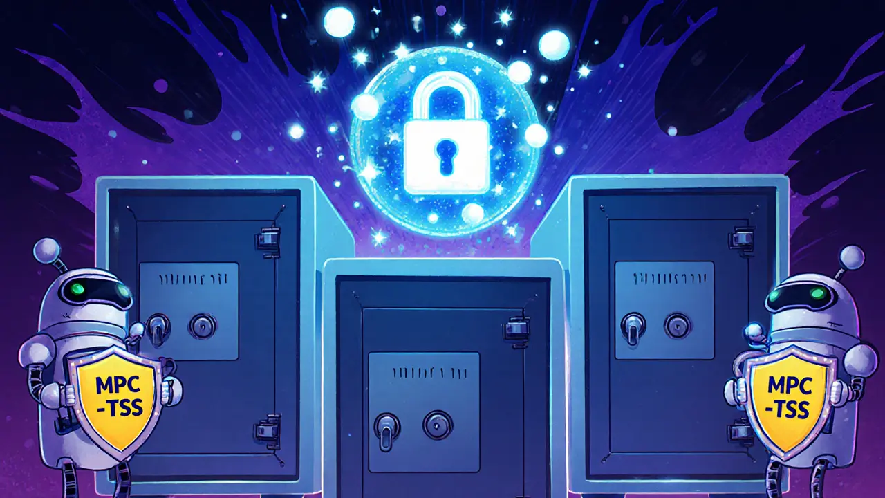 Cartoon data center with robot guards and glowing quantum lock.