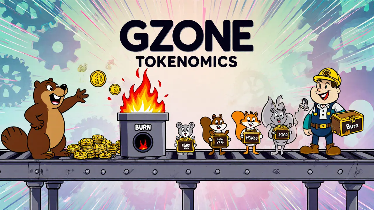 Cartoon factory where GZONE tokens are partly burned and partly given to animal stakers.