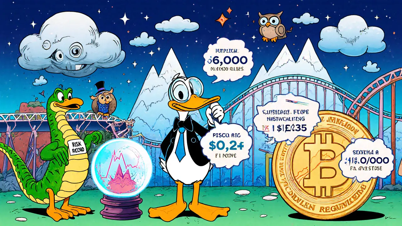 Cartoon financial fair with a roller‑coaster chart, crystal ball, and risk monster for GZONE price.