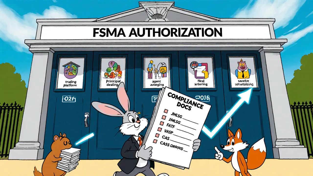Cartoon gate with five doors showing FSMA activities, rabbit with checklist, and timeline to 2026.