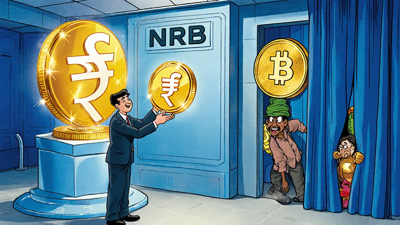 Cartoon of government CBDC token being given while crypto coins watch.