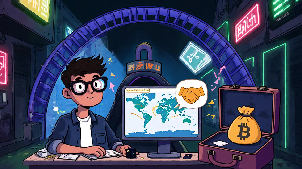 Cartoon of youth with VPN tunnel, offshore exchange map, and hardware wallet.