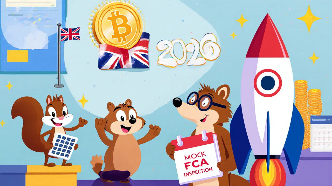 Cartoon office team preparing mock FCA inspection, crypto rocket launching toward 2026.