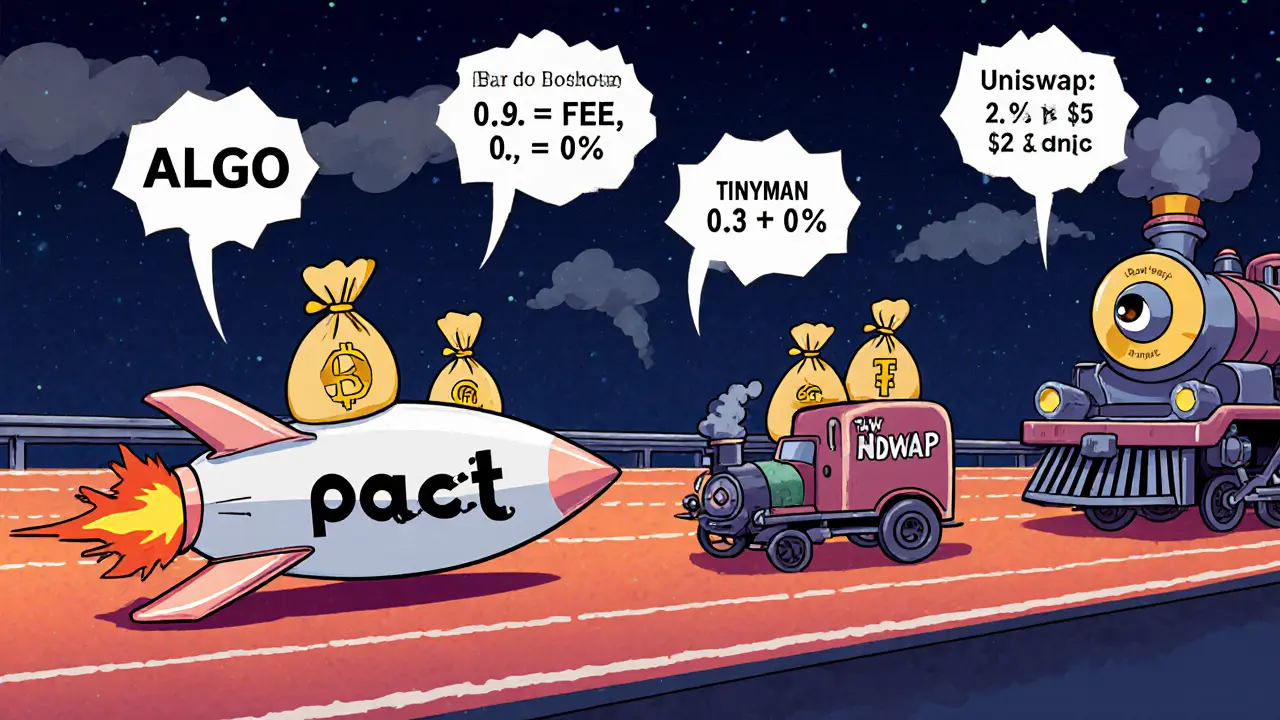 Cartoon race with Pact rocket, Tinyman truck, and Uniswap train showing fees.