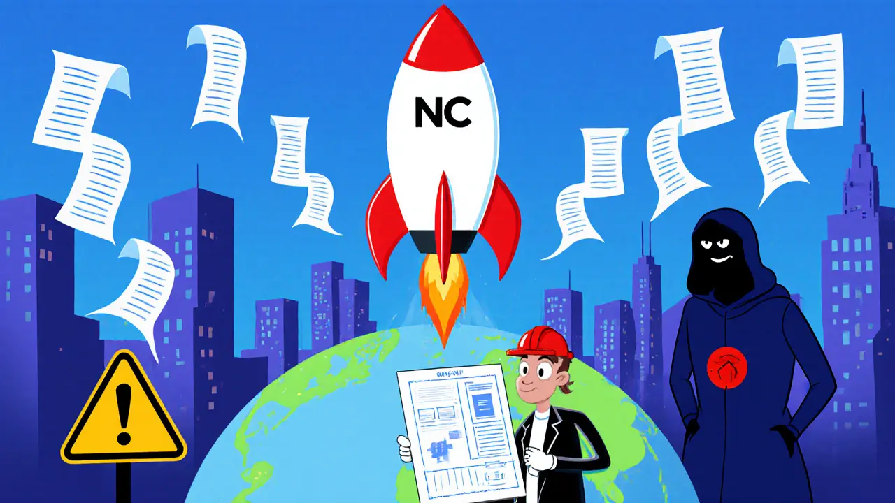 Cartoon rocket NC soaring over globe with data packets and warning sign.