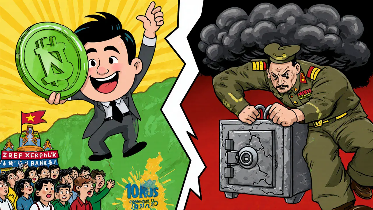Cartoon split scene showing NUG's hopeful USDT token and military banker's iron lock.