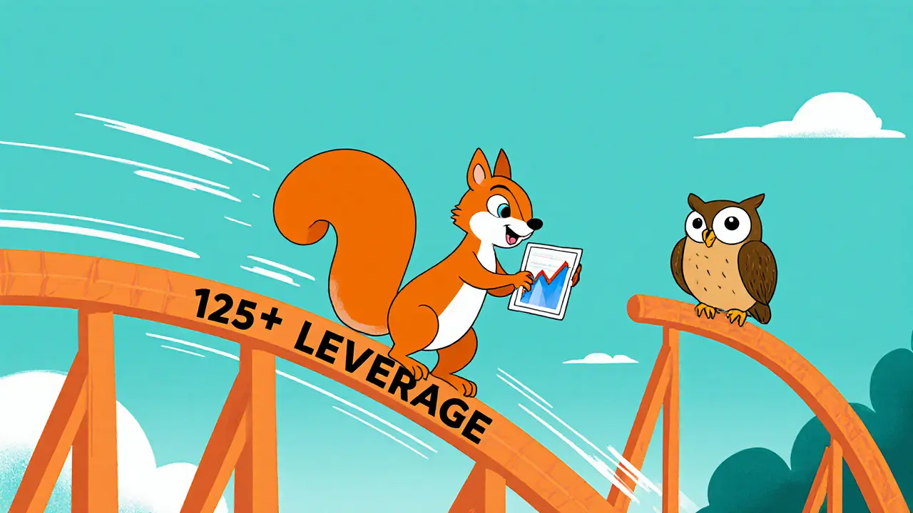 Cartoon squirrel on a high‑leverage coaster with backup owl.
