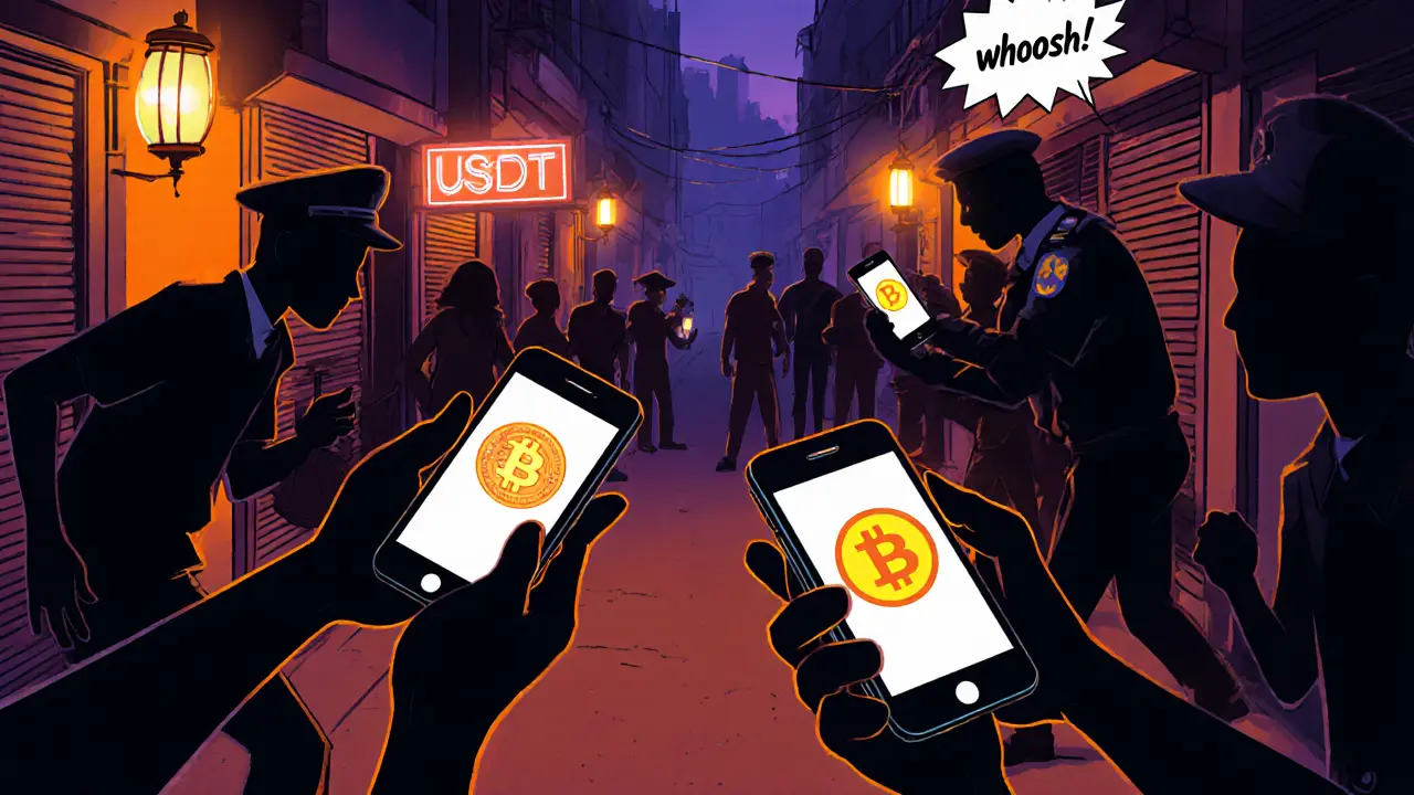 Cartoon underground market with people trading glowing crypto phones as police seize one.