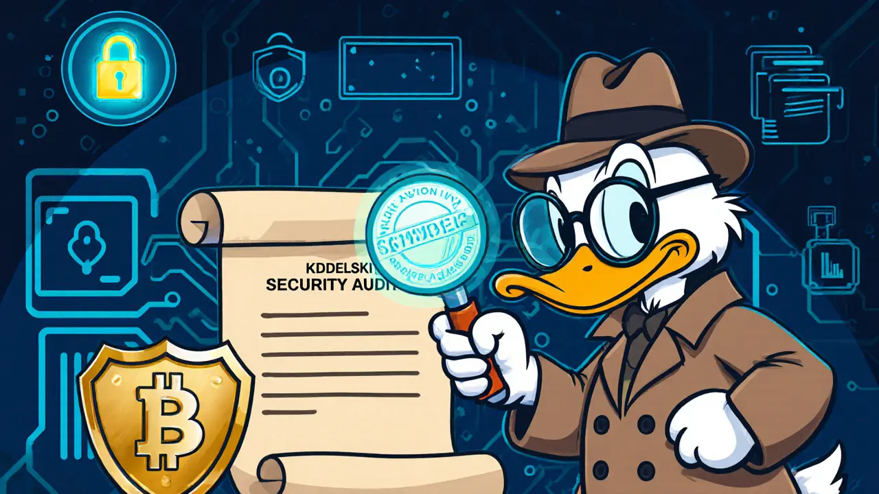 Duck detective examining audit scrolls and bugâbounty shield for Pact security.