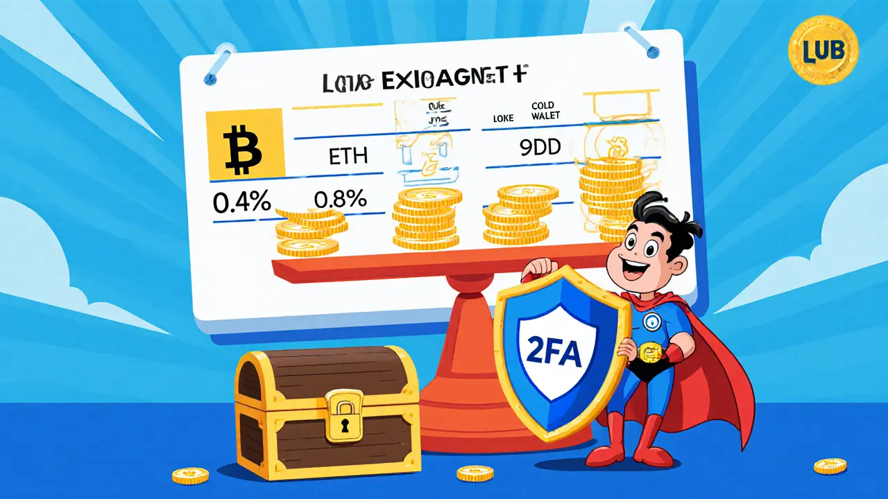 Playful scale comparing LUB low fees and security shield protecting a cold‑wallet chest.