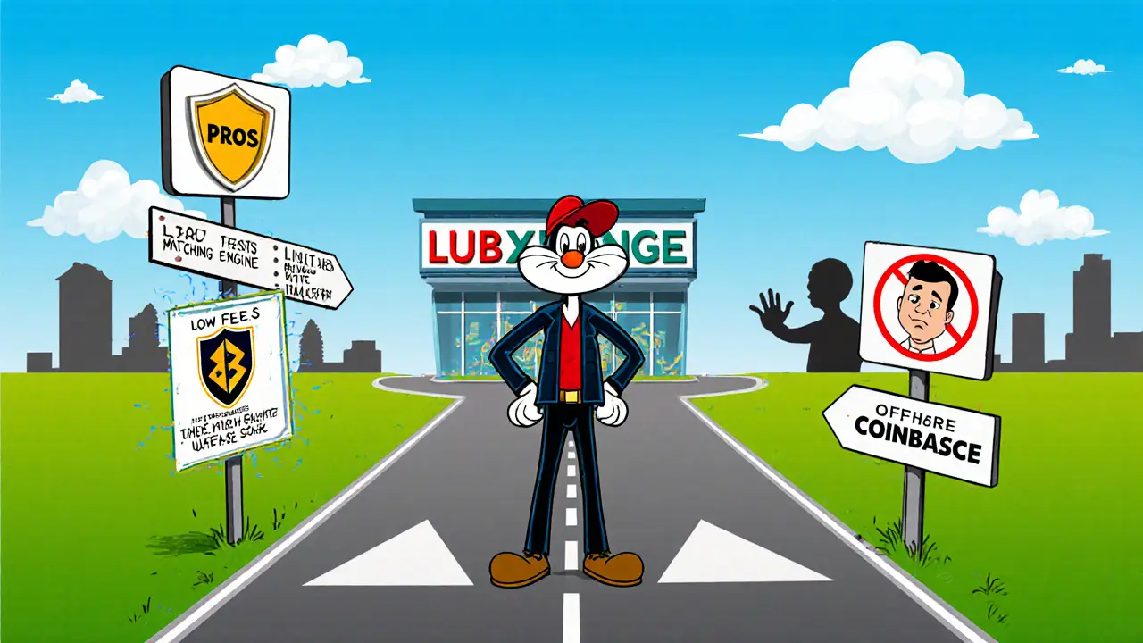 Trader at forked road showing LUB pros and cons with cartoon signs and distant exchange buildings.