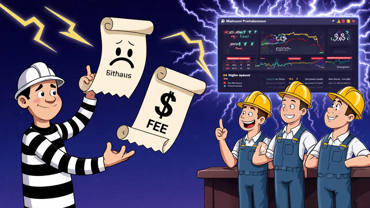 Cartoon hacker throws two transaction scrolls at miners, highlighting a double‑spend conflict.