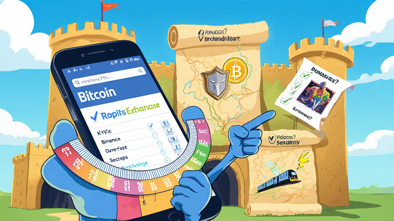 Cartoon user converts crypto with iExchange, then looks at forts representing Kraken, Binance, Uniswap.