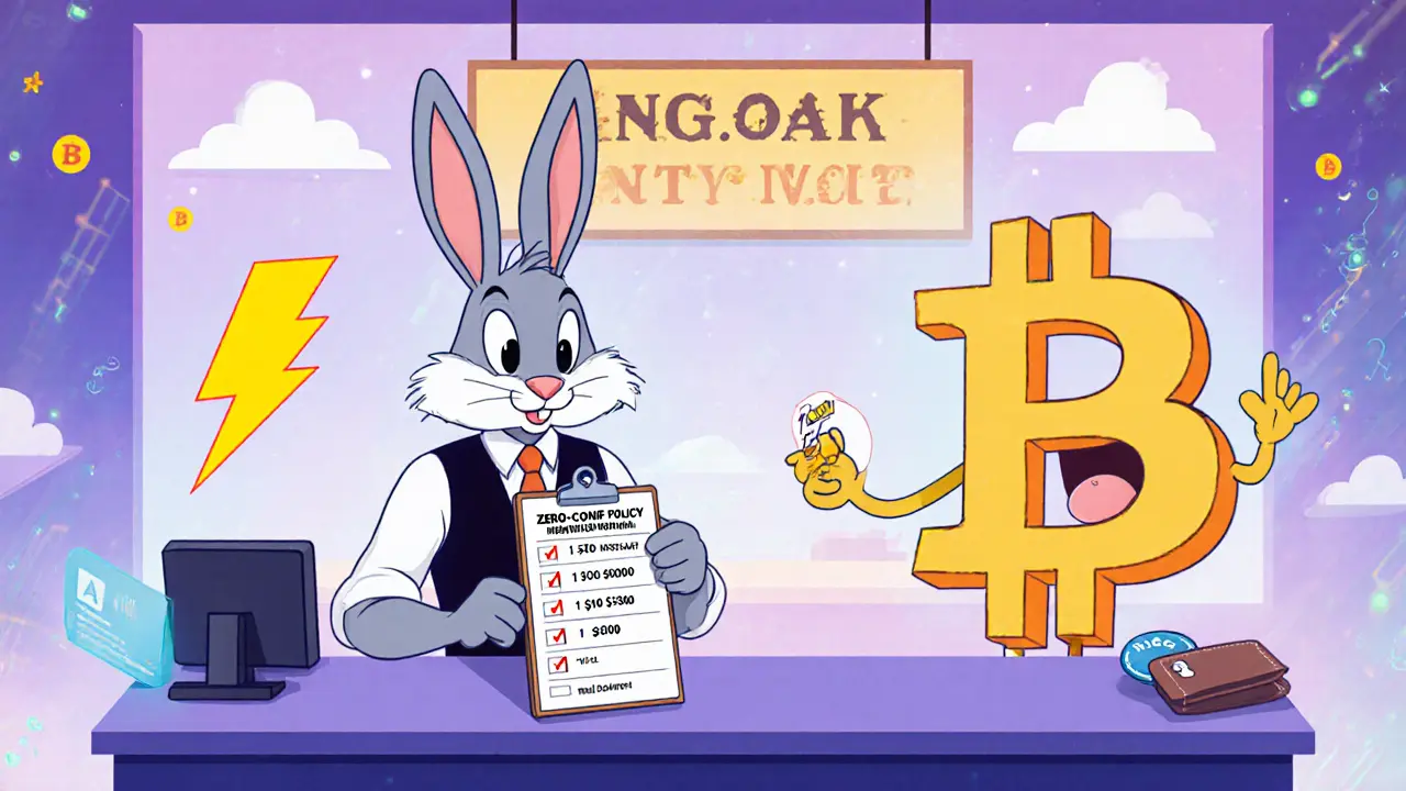Merchant rabbit uses a checklist and lightning bolt mascot to explain tiered zero‑conf policy.