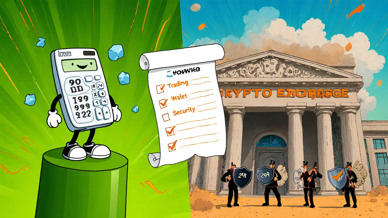 Split cartoon compares tiny iExchange calculator to a large secure crypto exchange building.