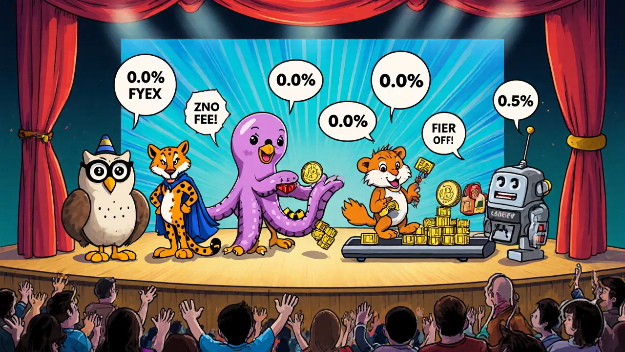 Cartoon mascots of major flash loan platforms display their fee percentages on stage.