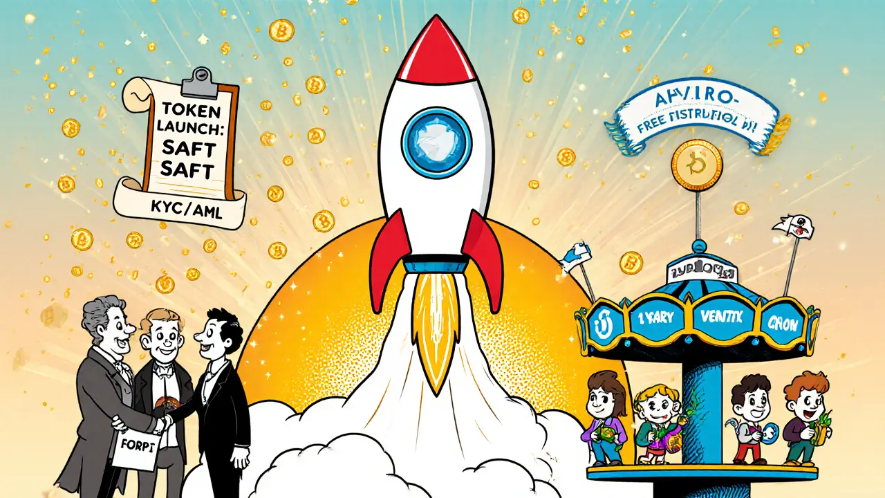 Hybrid token launch with rocket, SAFT handshake, airdrop machine, and staking carousel.
