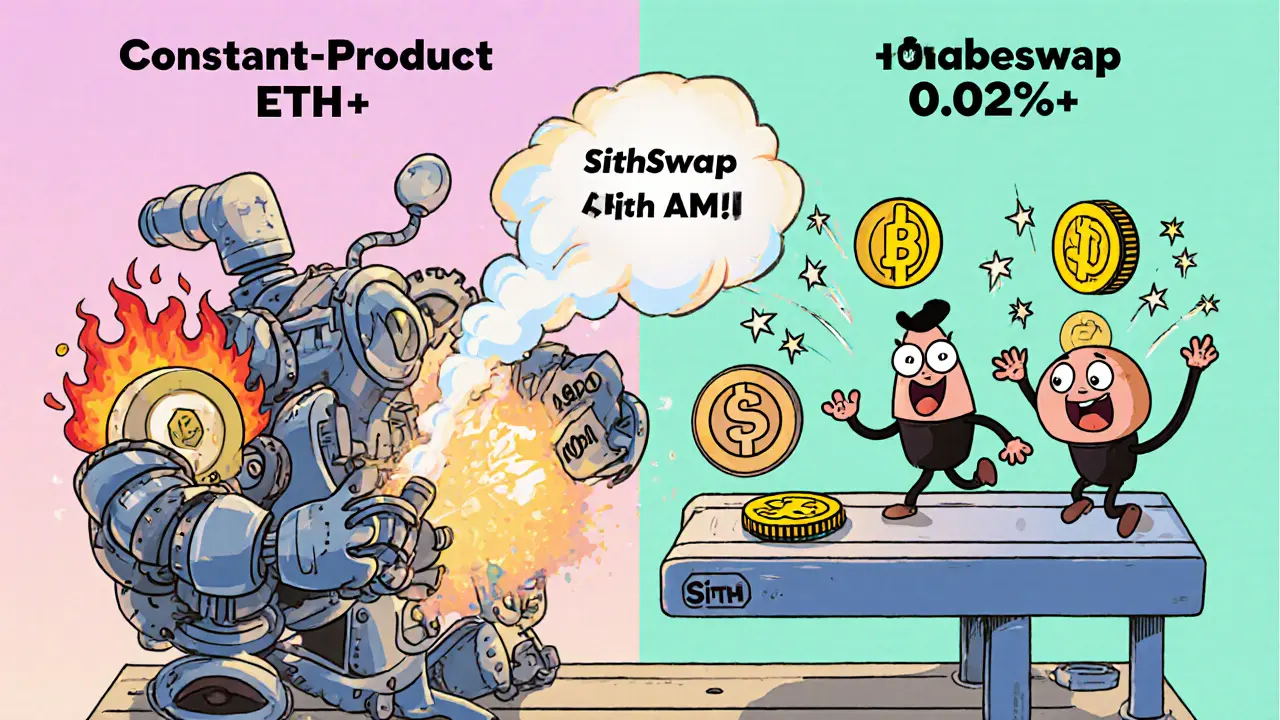 Looney Tunes style dual AMM machines showing constant-product and low‑slippage stableswap with fee‑share characters.