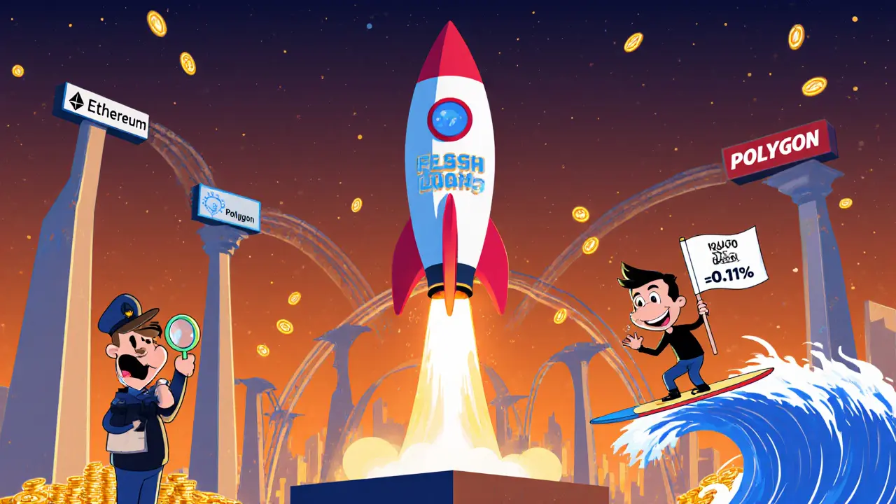 Rocket labeled Flash Loans launches from a blockchain city with cross‑chain bridges.