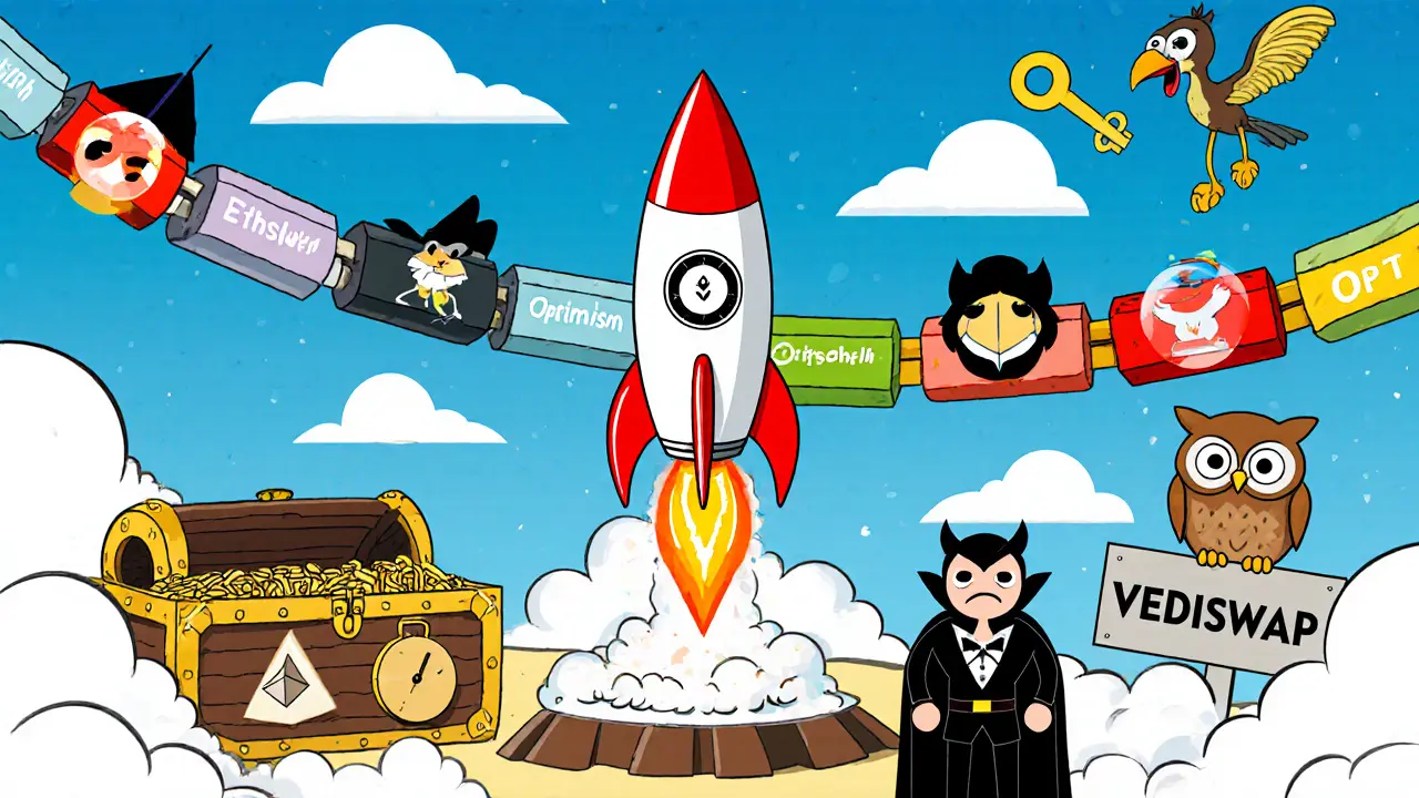Rocket launch from SithSwap logo with bridge tubes to other chains and a veSITH treasure chest guarded by a ninja.