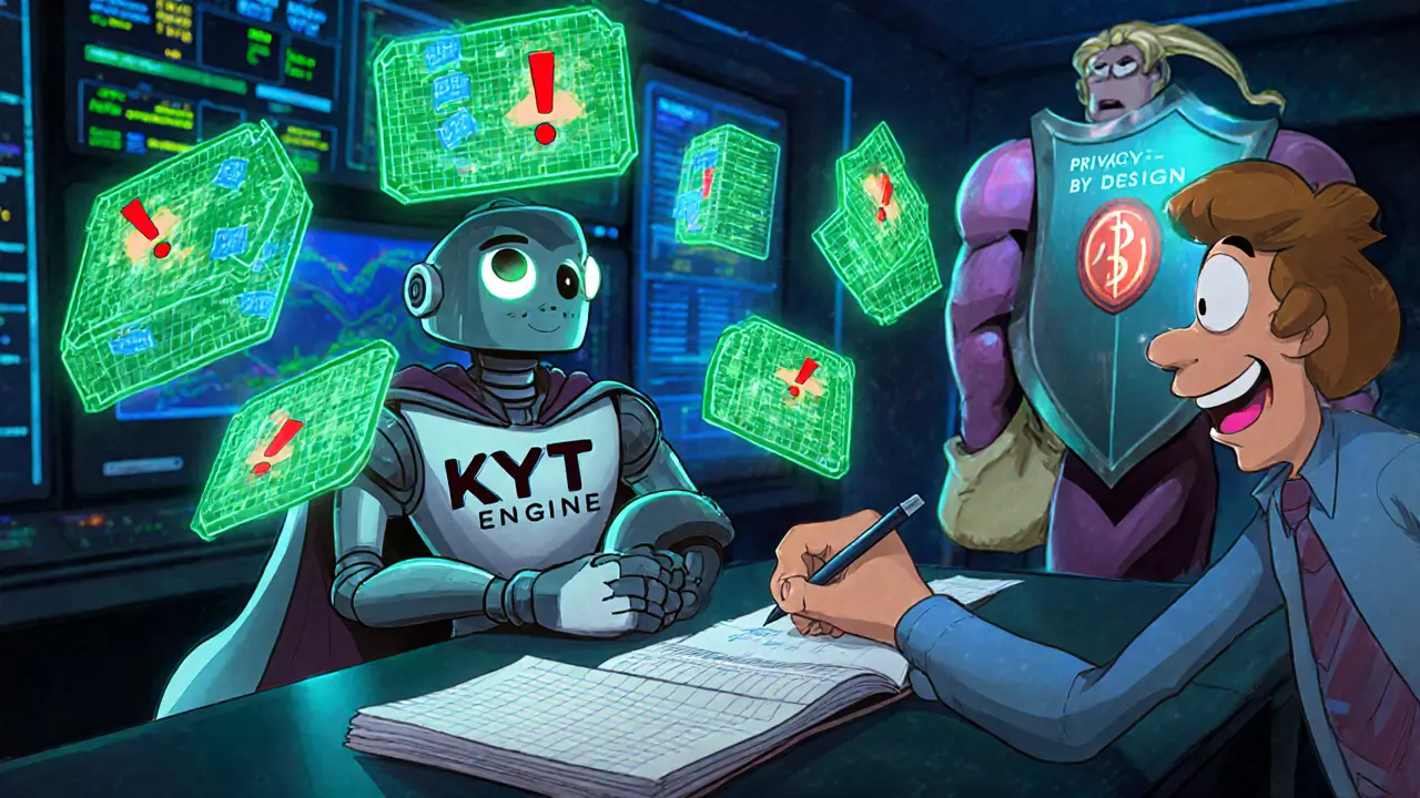 AI robot monitors neon blockchain transactions while cartoon accountant and privacy hero watch.