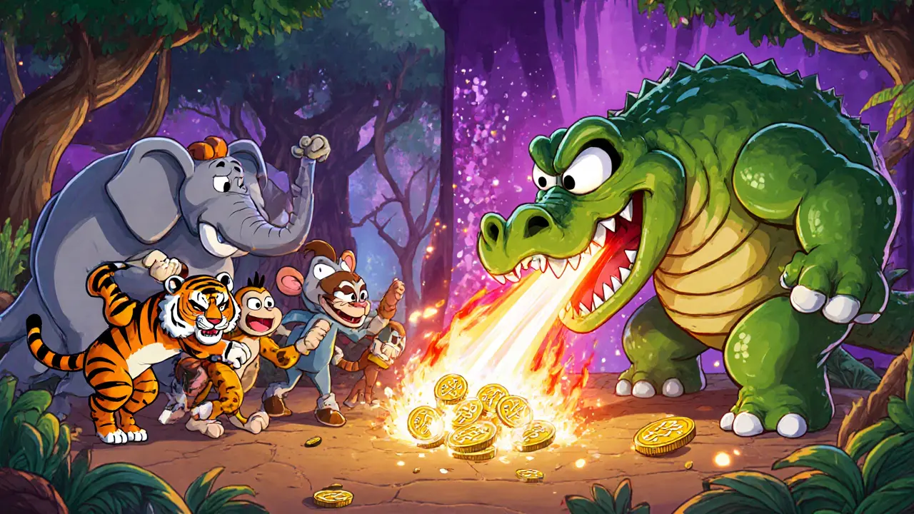 Animated arena showing NFT animals battling a boss and each other, Looney Tunes vibe.
