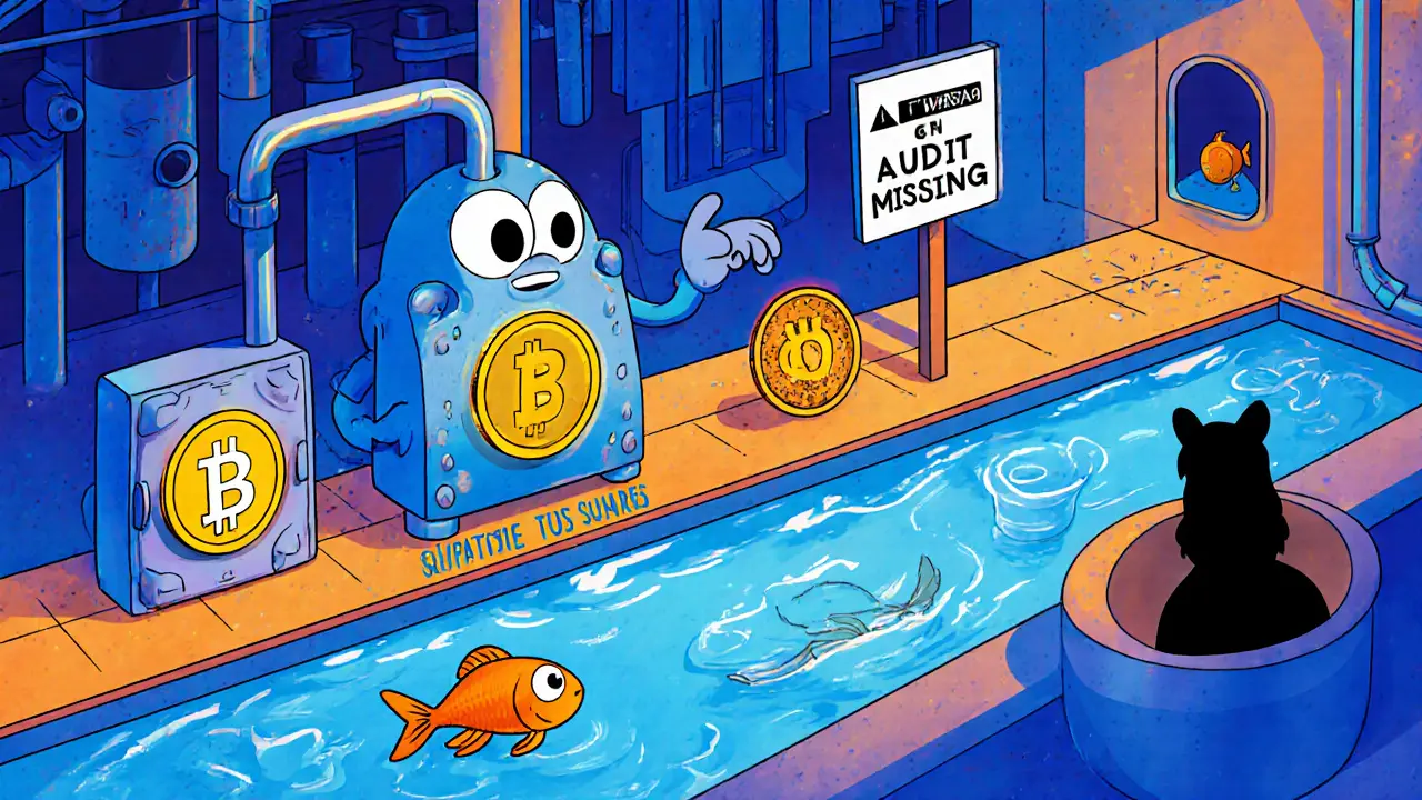 Cartoon factory locking KAVA and producing WKAVA, with thin liquidity pool and risk symbols.