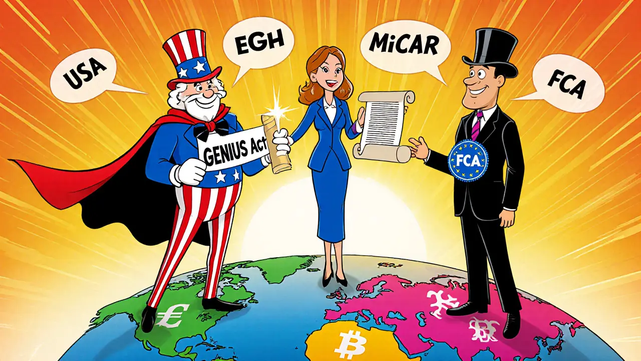 Cartoon map shows USA, EU, UK characters holding regulatory documents over crypto symbols.