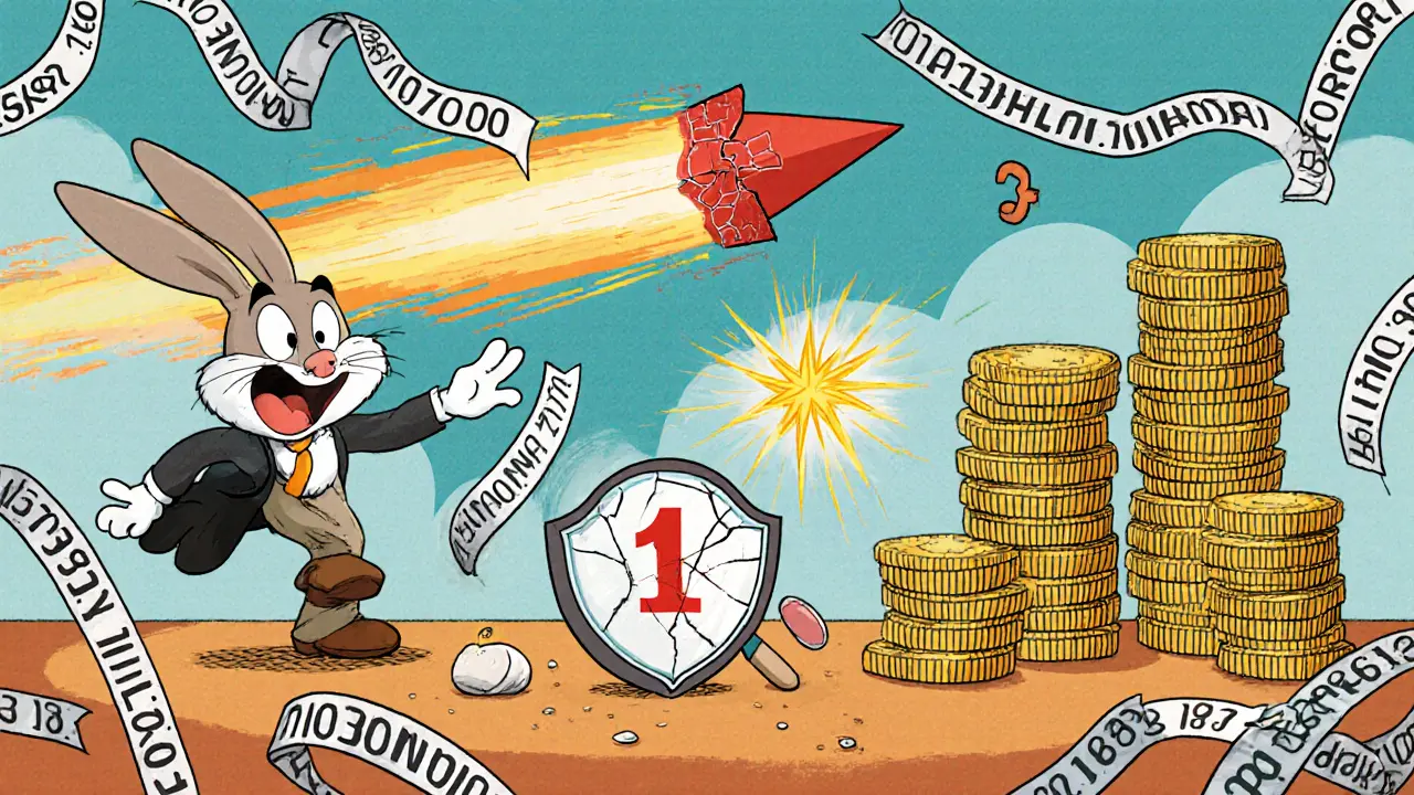 Cartoon rabbit investor at a chaotic desk with broken magnifying glass and coin stack.