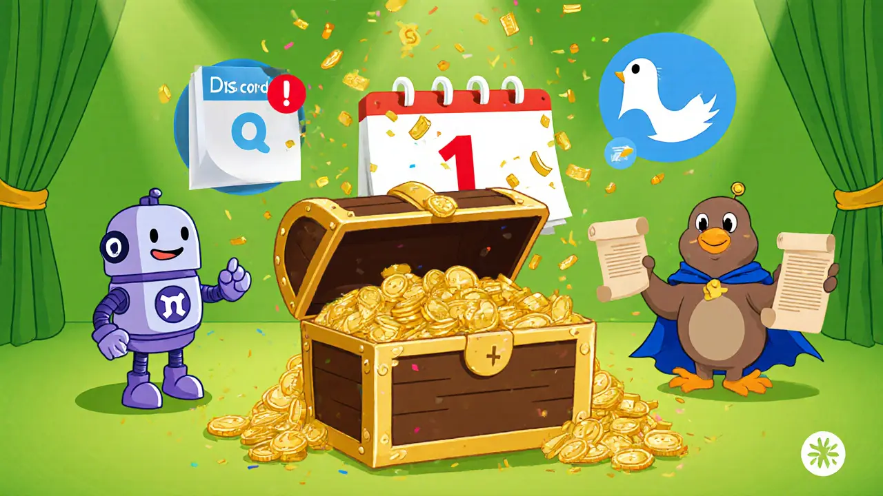 Cartoon wallet spilling ZOO tokens with social icons, preparing for airdrop.