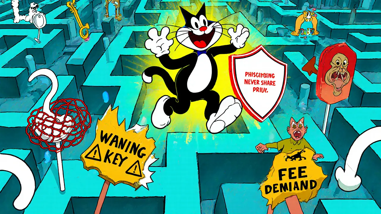 Cat hero avoids cartoon scam traps, protected by a shield that says no private keys.