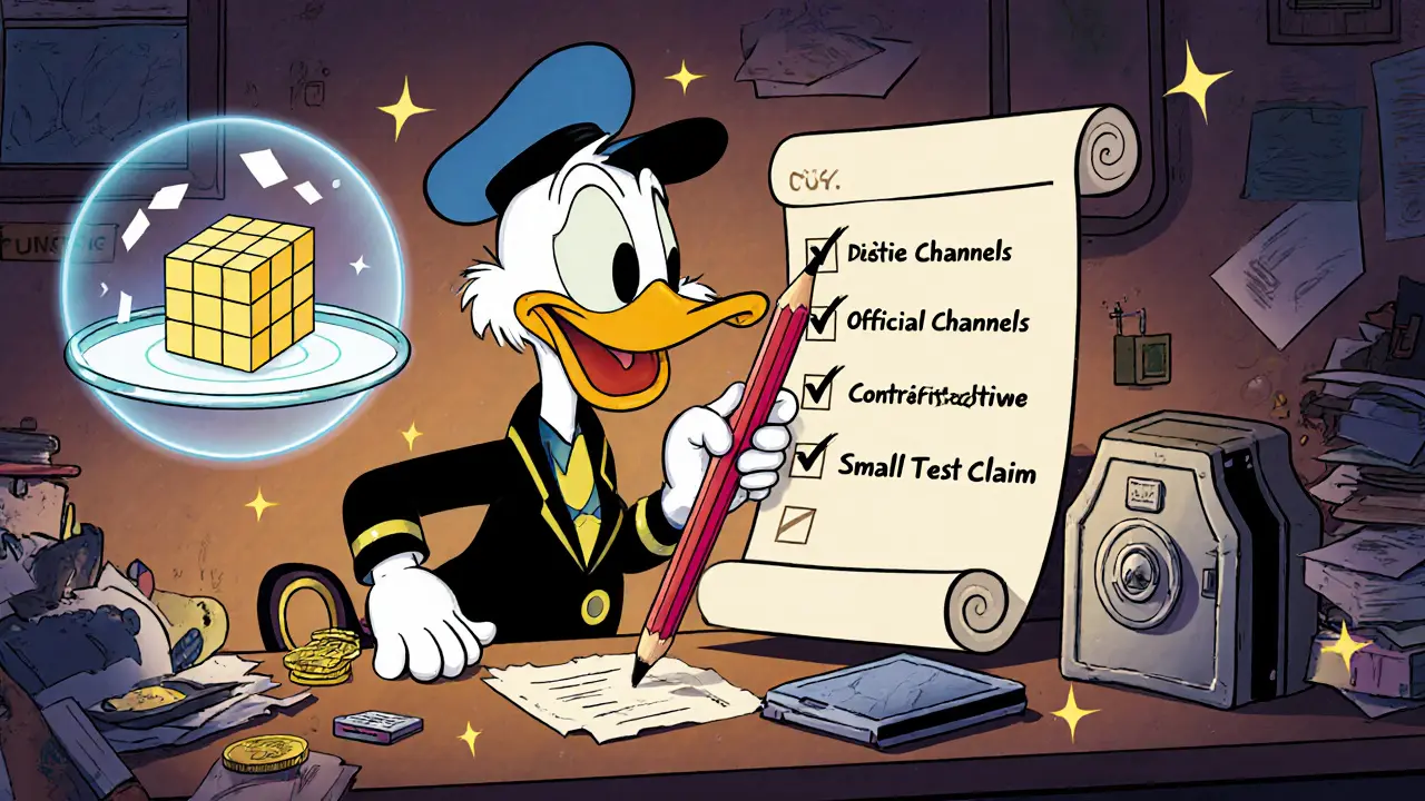 Duck engineer checks a holographic block explorer and checklist at a whimsical desk.