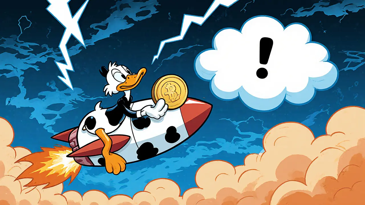 Duck on a cowâshaped rocket amid storm clouds, holding a lunarâpatterned coin.