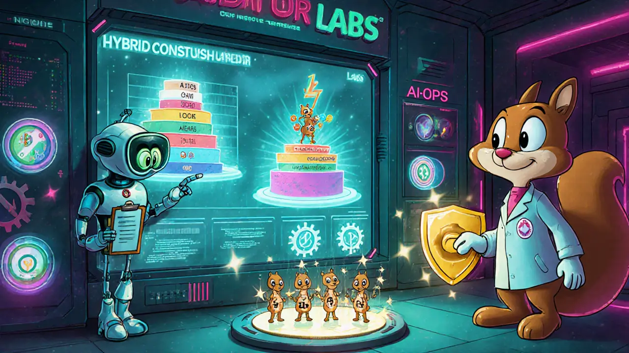 Funny AI robot and lab squirrel managing hybrid consensus and cross‑chain pools in a neon lab.