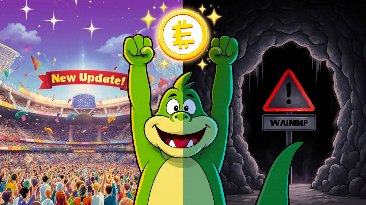 Heroic monster holding a glowing ELMON token with hopeful and risky futures shown.