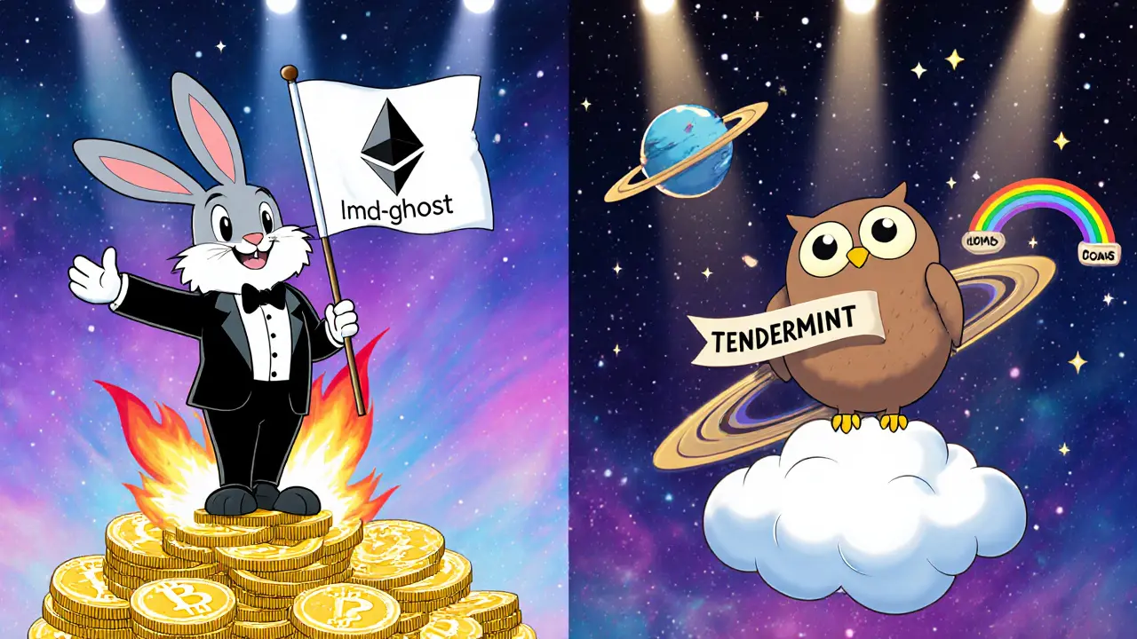 Looney Tunes heroes Casper and Tendermint representing Ethereum and Cosmos with rockets and bridges.