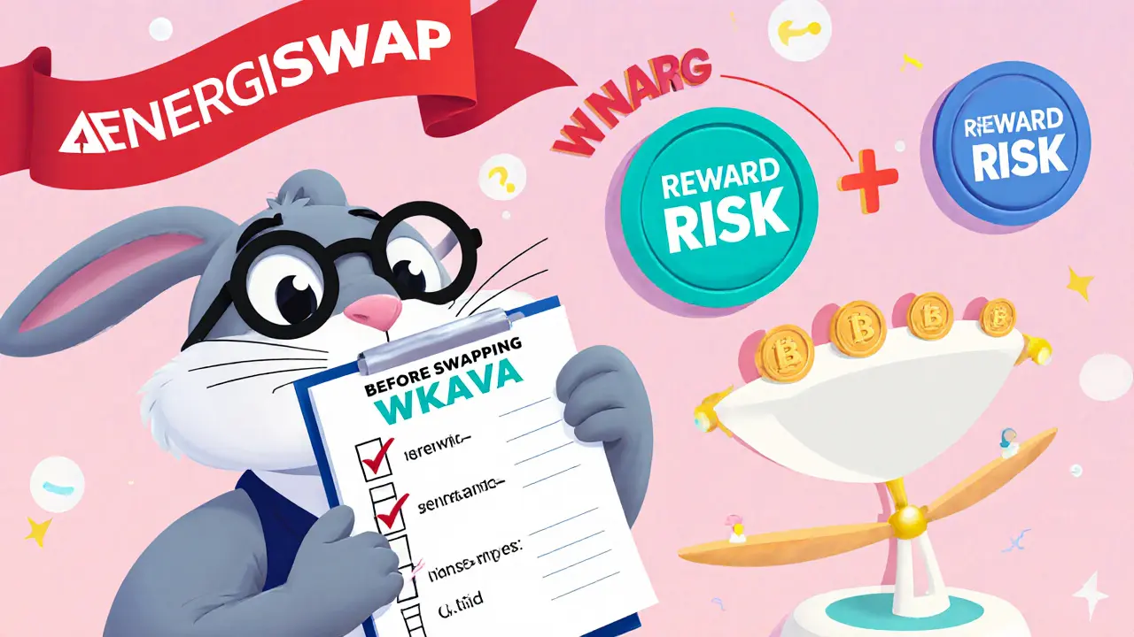 Rabbit trader reviewing checklist before swapping WKAVA on Energiswap, with warning signs.