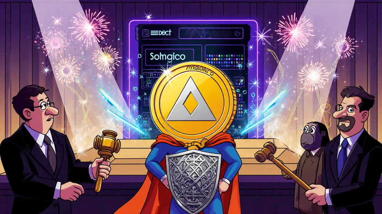 Cartoon courtroom shows regulators watching a superhero Monero coin with quantum icons.