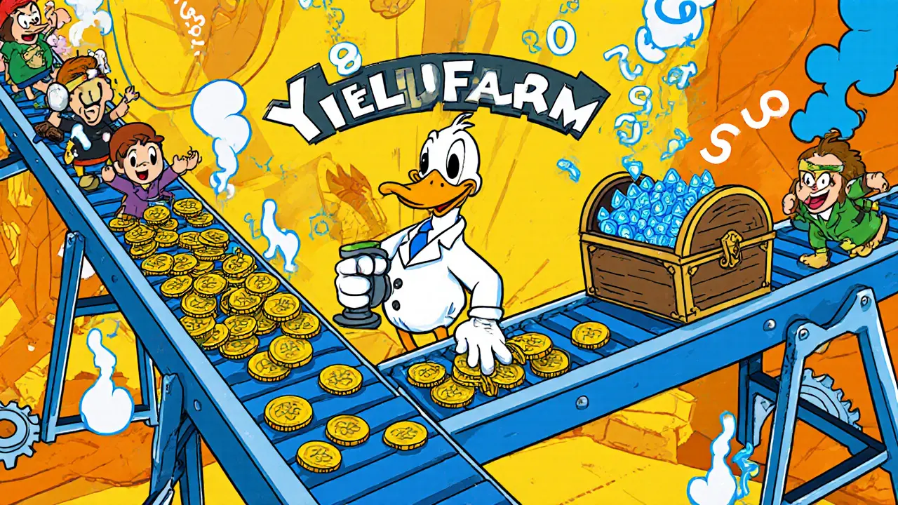 Cartoon duck runs a factory splitting trade fees into coins and token gems for miners.