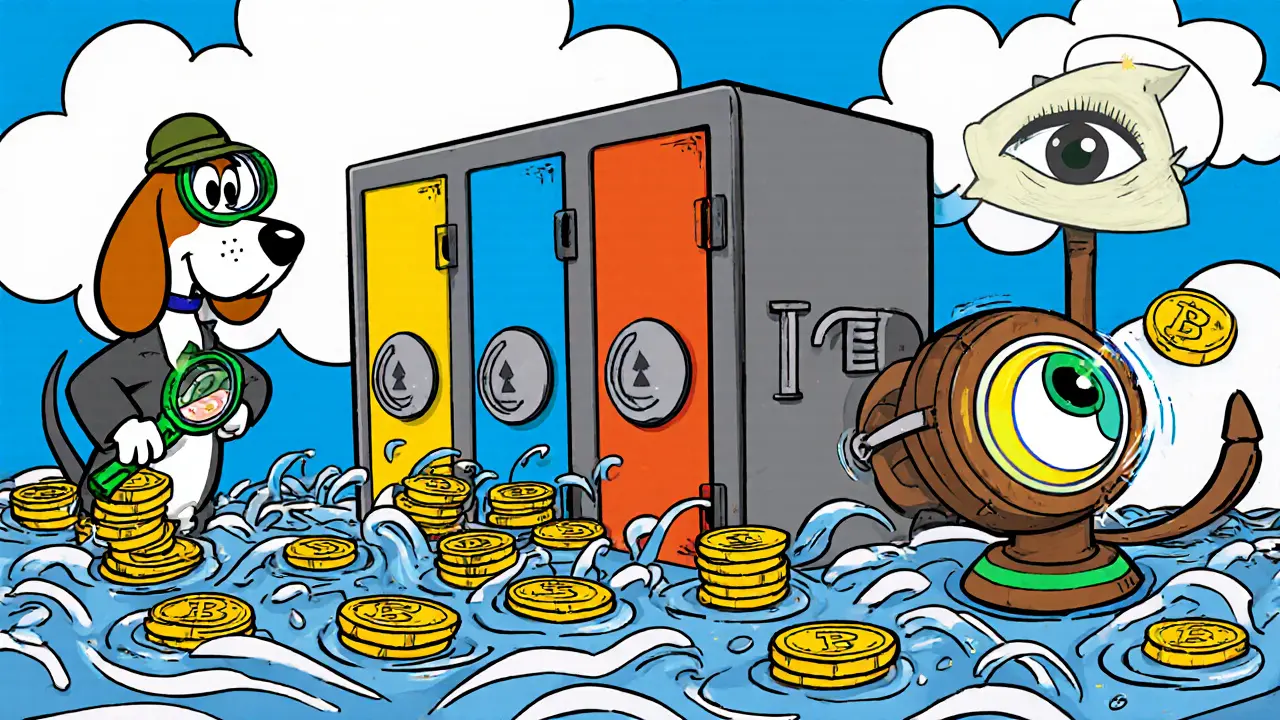 Cartoon Monero wallet vault with a detective beagle scanning blockchain coins.