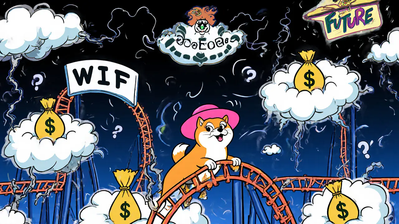 Cartoon rollercoaster showing the WIF meme coin’s wild price swings and regulatory clouds.