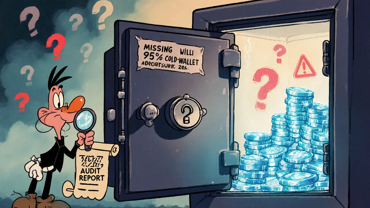 Cartoon safe with icy blue coins inside, a puzzled auditor, and missing audit scroll amidst warning signs.