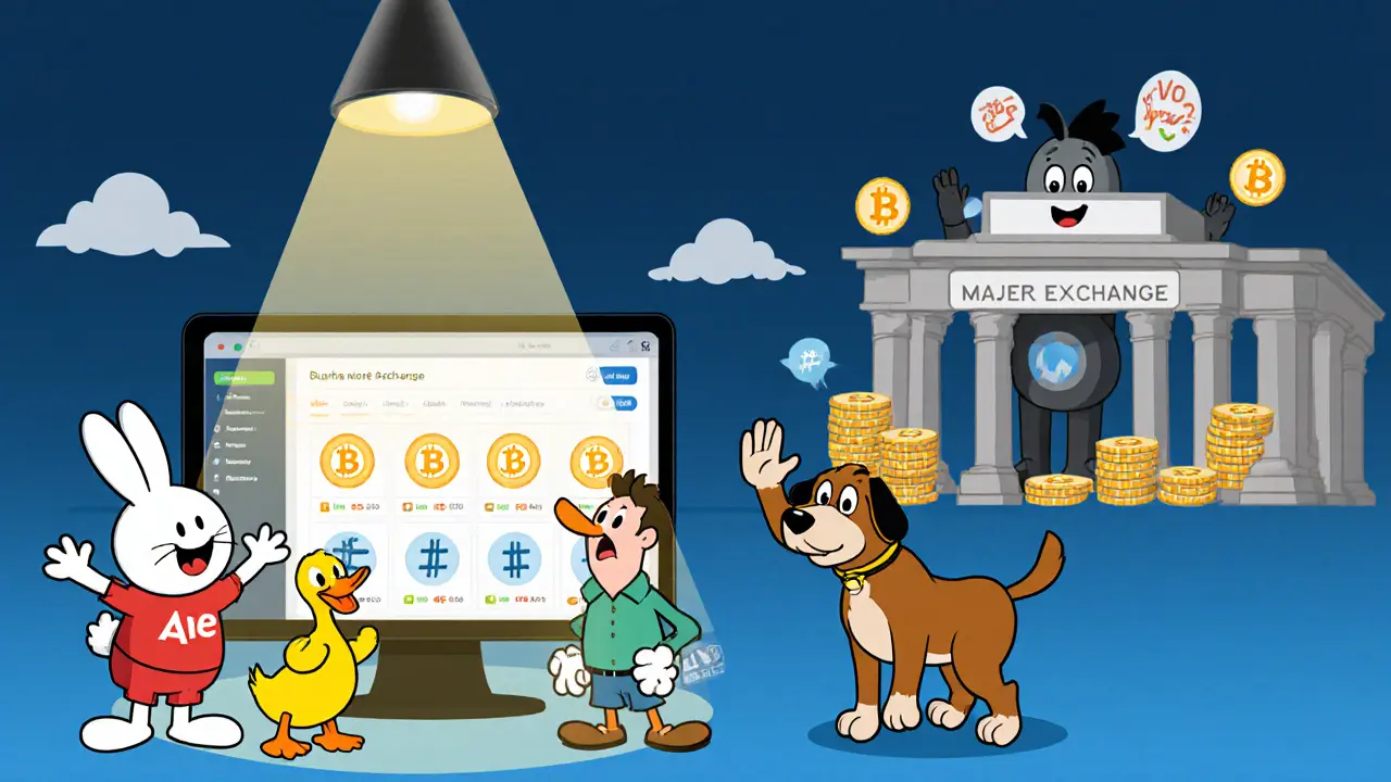 Cartoon startup team excited over a simple exchange UI, while a sad trader walks away beside a big exchange mascot.
