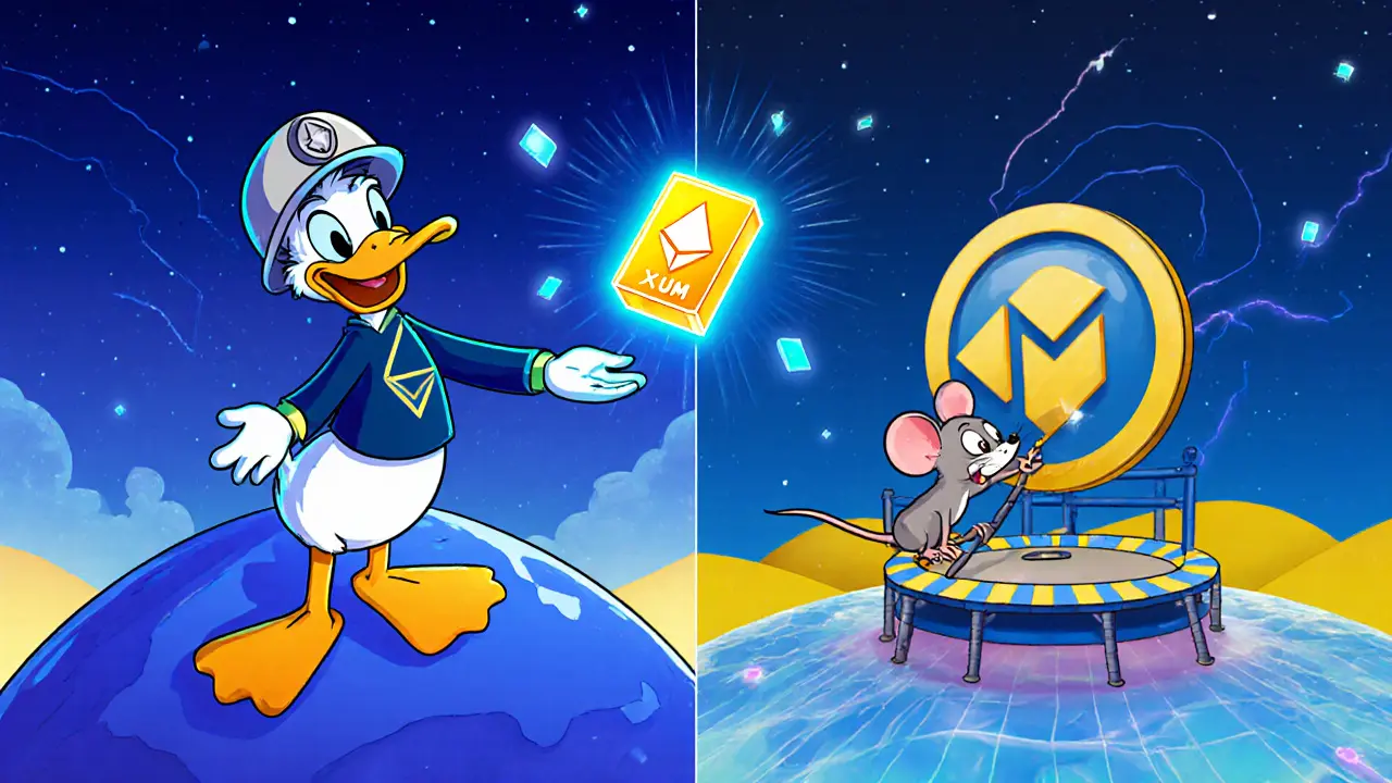 Duck and mouse passing a gold bar between cartoon Ethereum and BNB Chain logos.