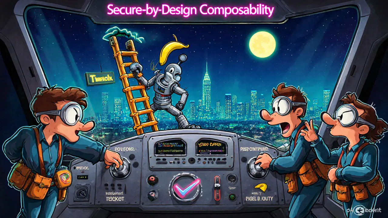 Engineers operating a security dashboard with timelocks and guards against a hacker robot